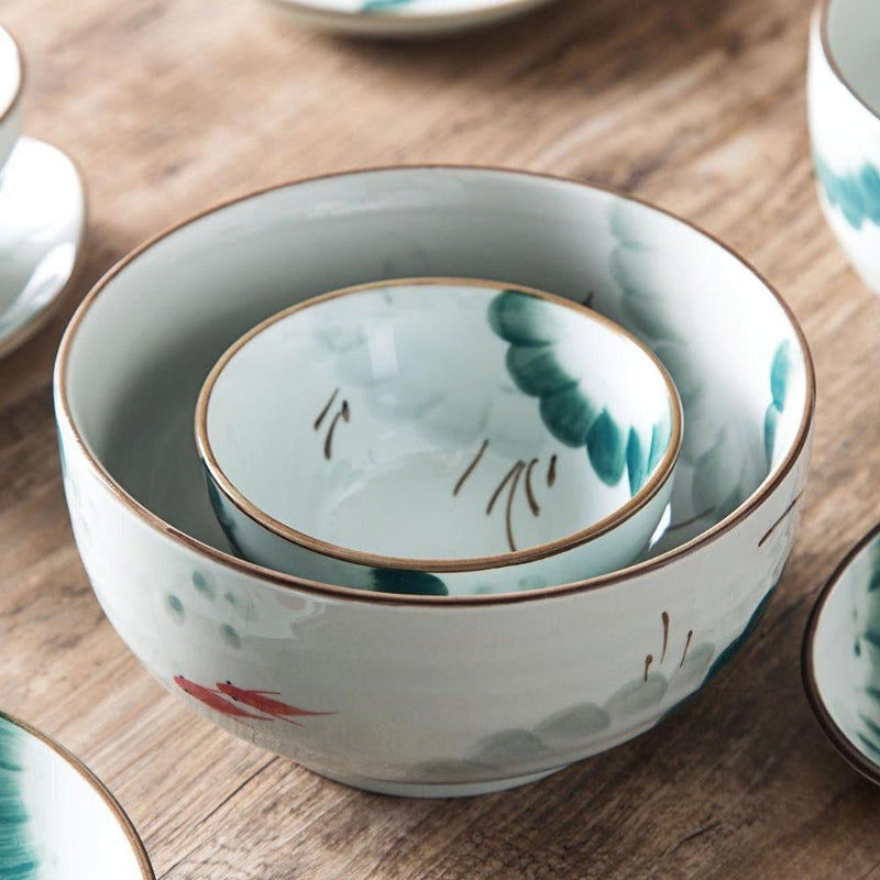 Painted Japanese Porcelain Dinnerware with Gold Trim