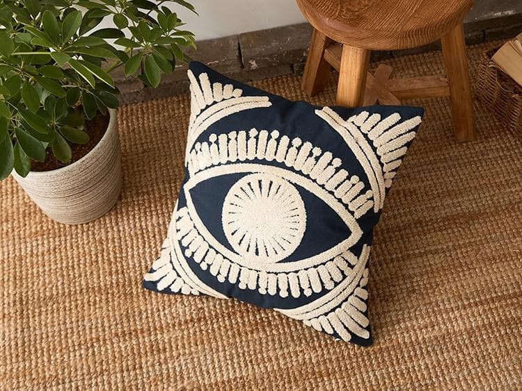 square embroidered egyptian eye beige dark blue pillow cover