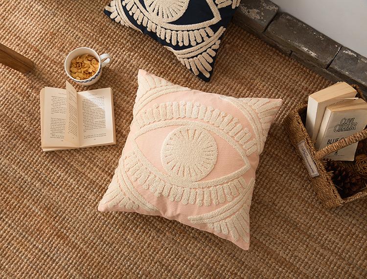 square embroidered egyptian eye beige pink pillow cover