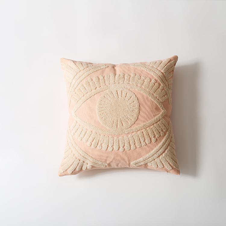 square embroidered egyptian eye beige pink pillow cover