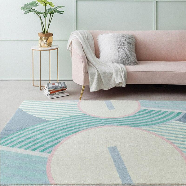 Modern Geometric Pattern Rug in Pastel Colors Blue Pink Aqua