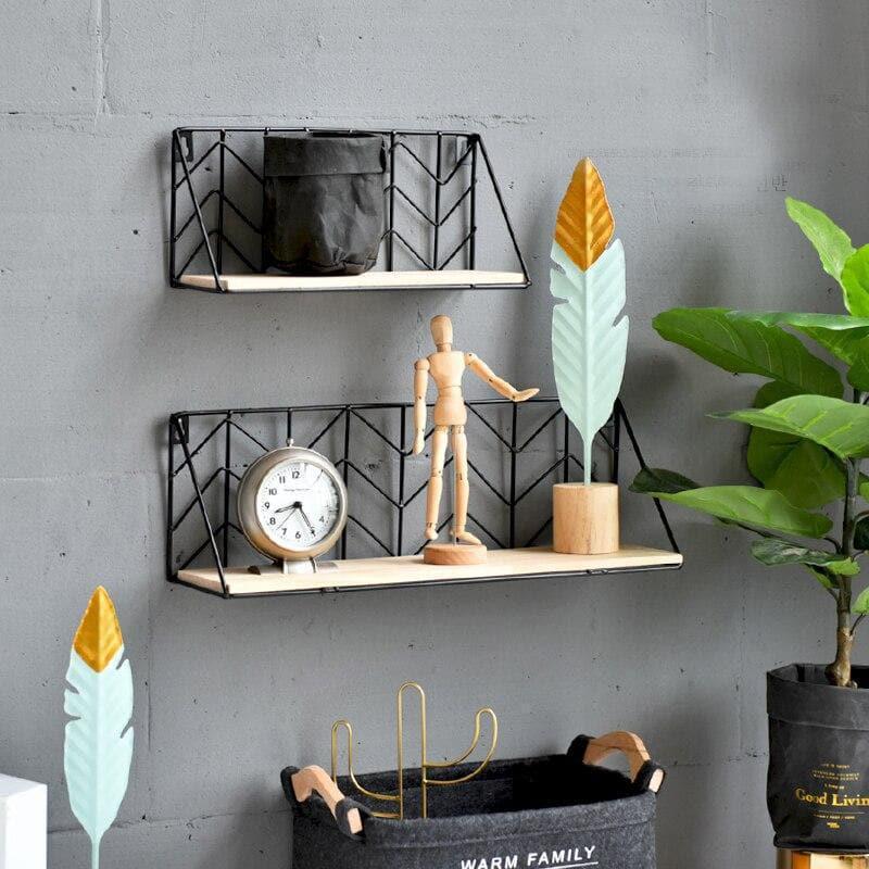 Black Metal and Wood Shelf with Geometric Patterns 