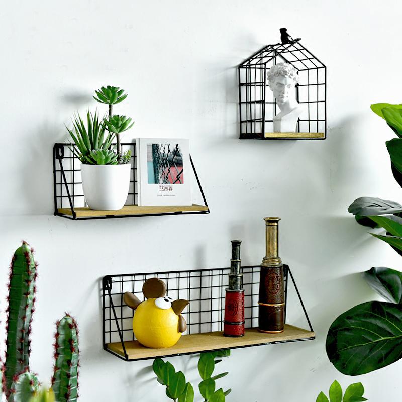 Black Metal and Wood Shelf with Geometric Patterns 