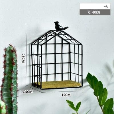 Black Metal and Wood Shelf with Geometric Patterns Bird Cage