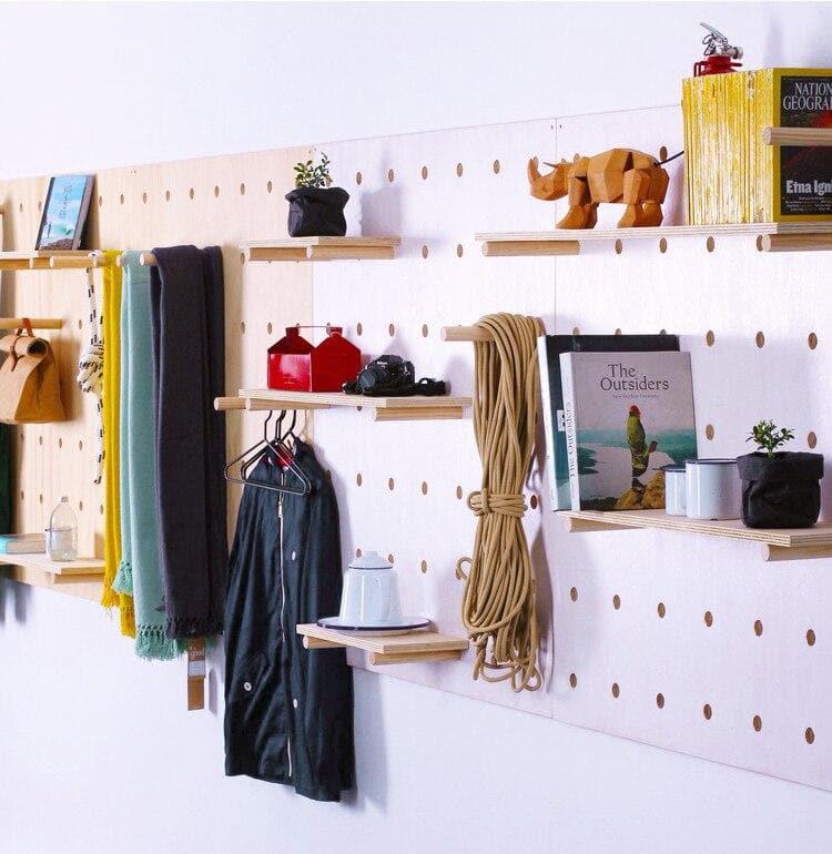 Wooden Wall Hooks and Cork Board with Shelves