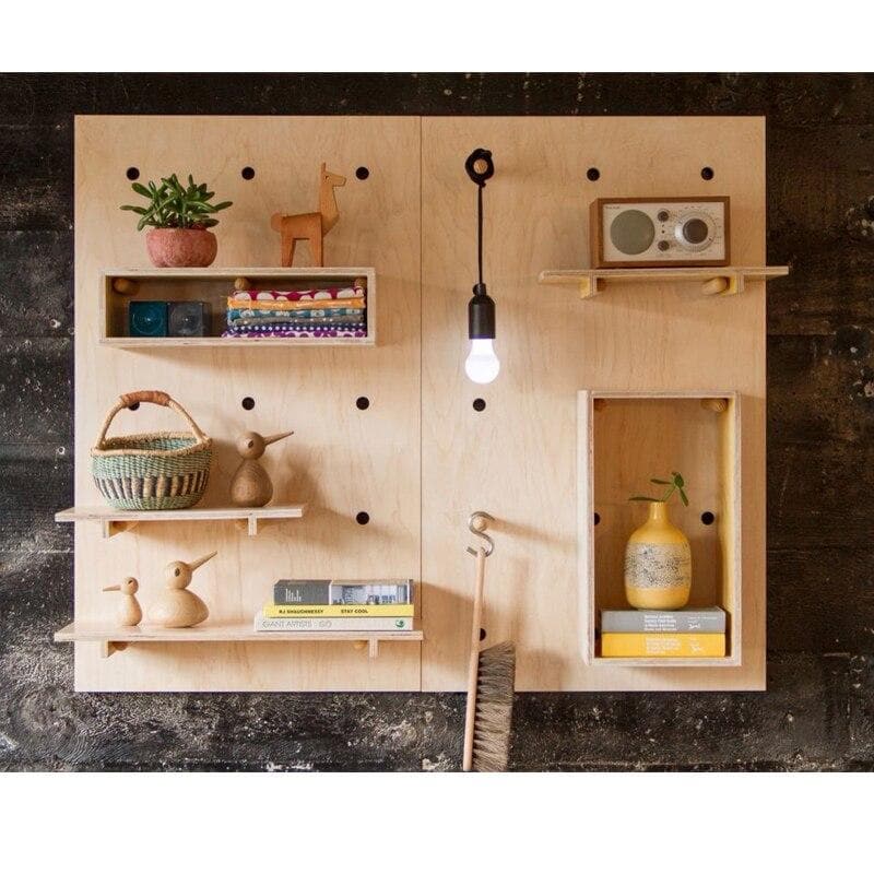 Wooden Wall Hooks and Cork Board with Shelves