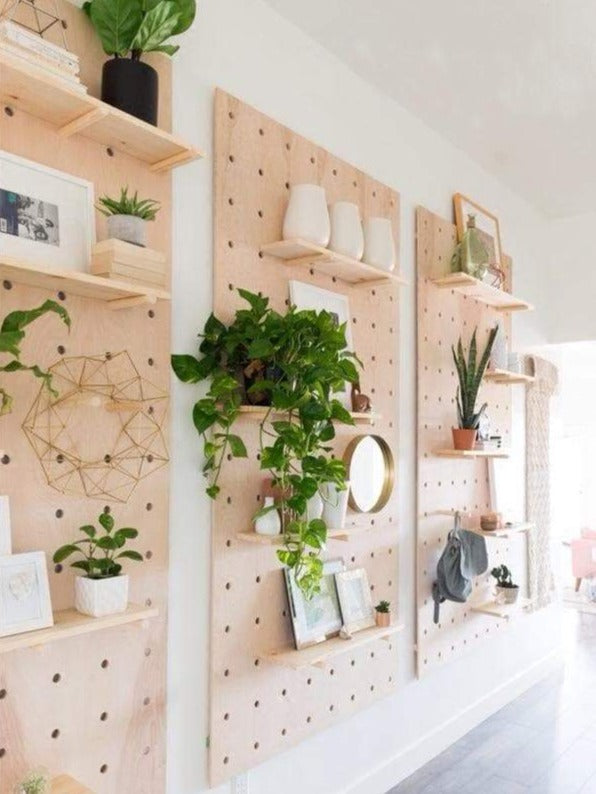 Wooden Wall Hooks and Cork Board with Shelves