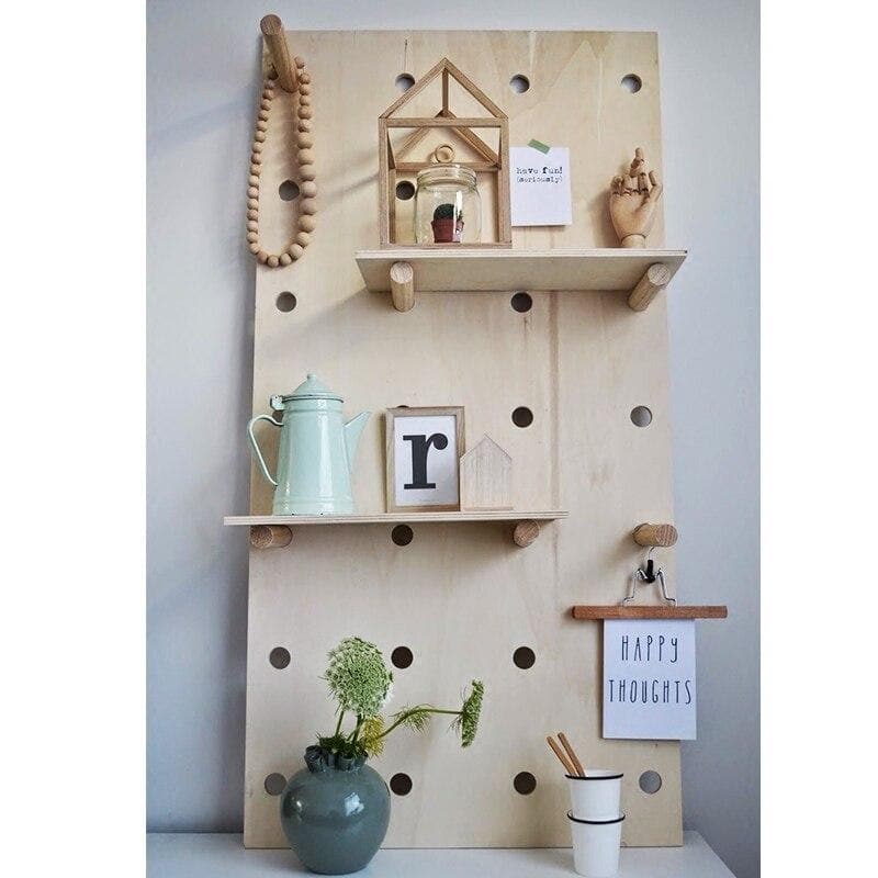 Wooden Wall Hooks and Cork Board with Shelves