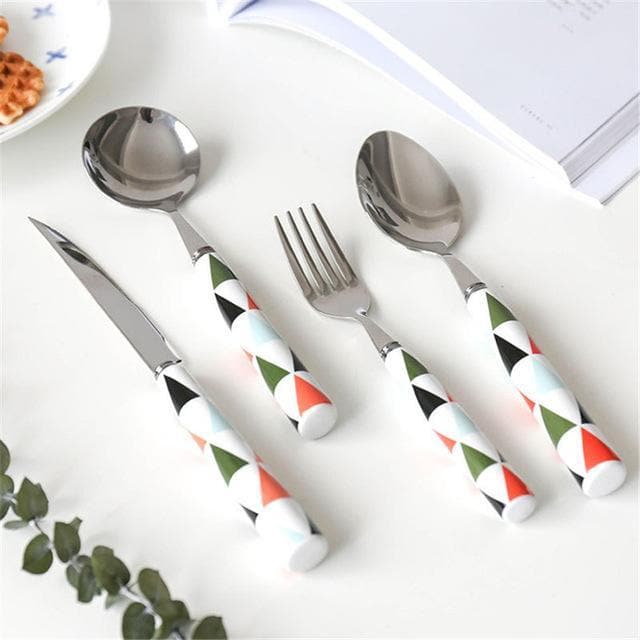 Painted Ceramic and Silver Stainless Steel  4PC Flatware Set