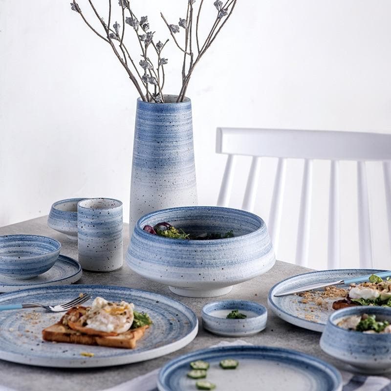 round Ceramic pottery Blue and white with dark speckles dinnerware