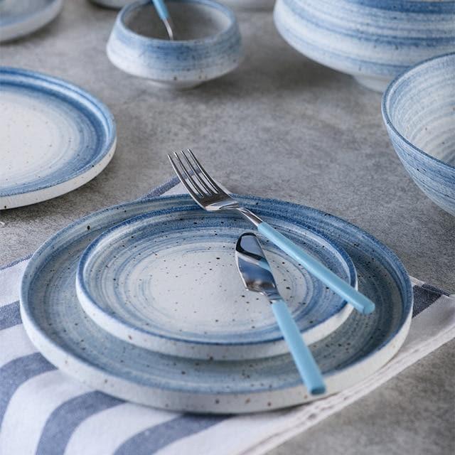 round Ceramic pottery Blue and white with dark speckles dinnerware