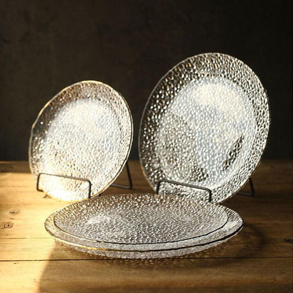 round textured hammered glass plate with gold trimming