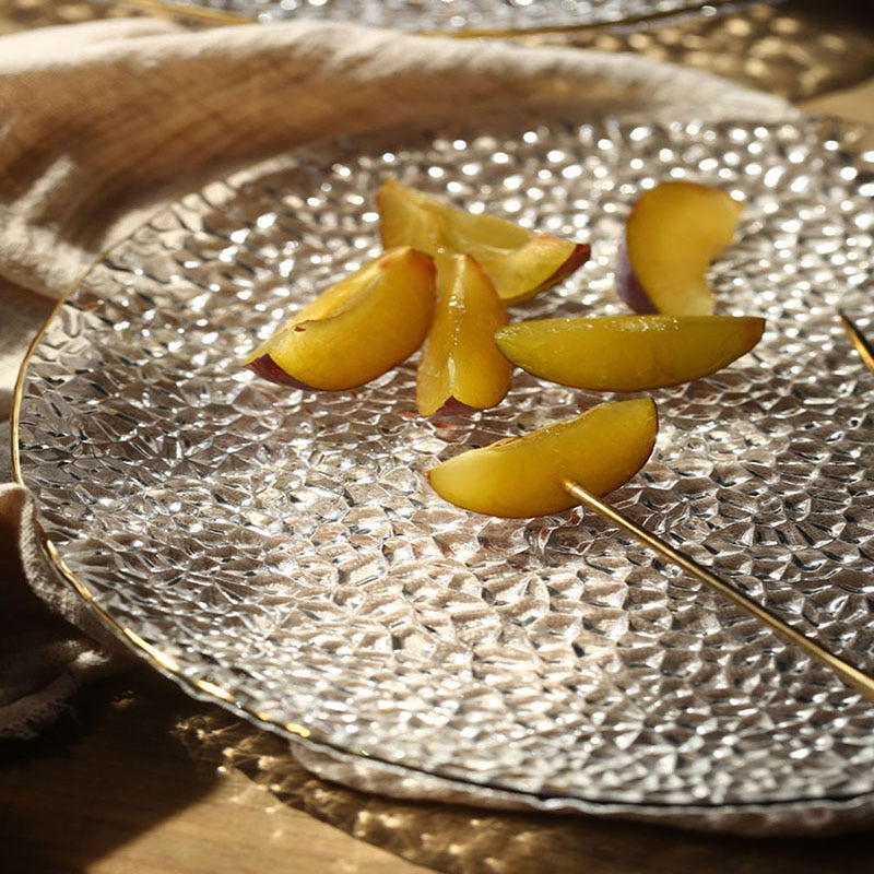 round textured hammered glass plate with gold trimming