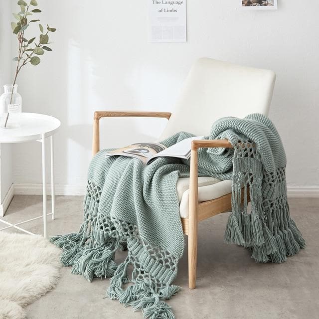 rectangle polyester crochet knit blue grey blanket