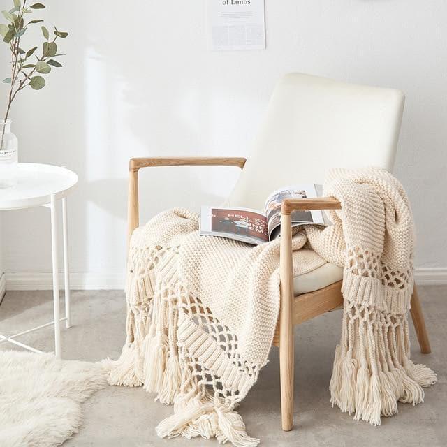 rectangle polyester crochet knit beige blanket