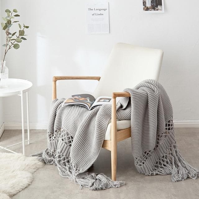 rectangle polyester crochet knit grey blanket