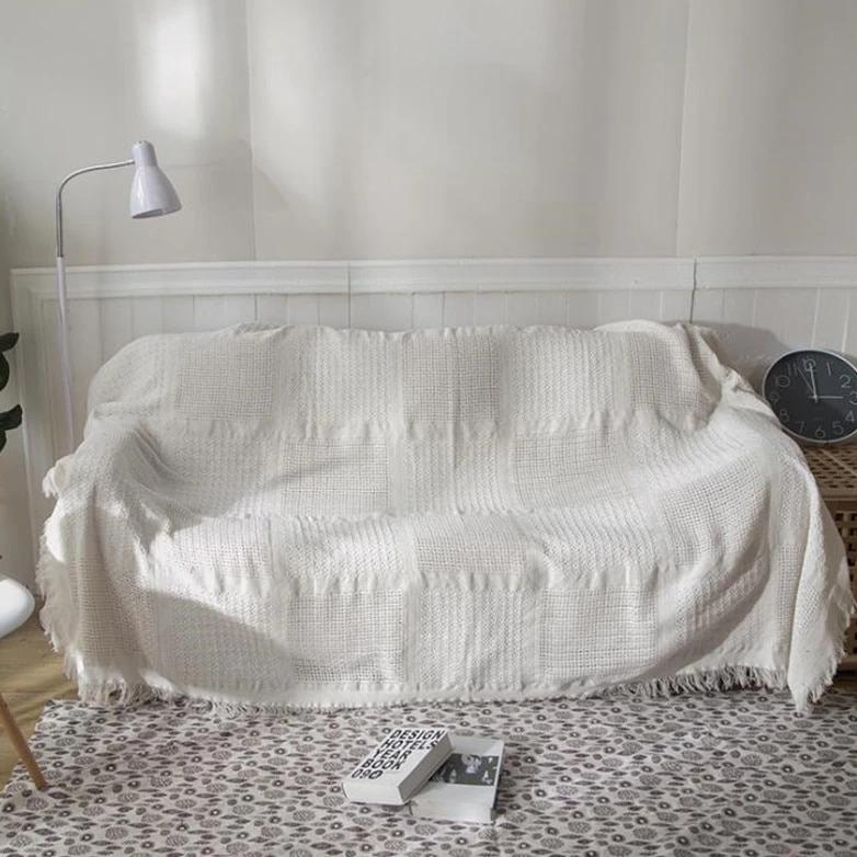 rectangle embroidered cotton weaved white summer blanket