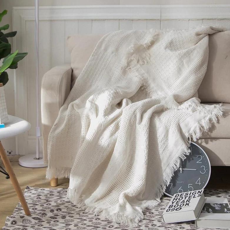 rectangle embroidered cotton weaved white summer blanket