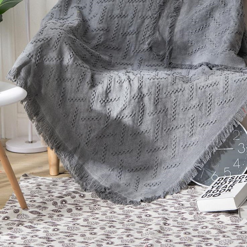 rectangle embroidered cotton weaved dark grey summer blanket