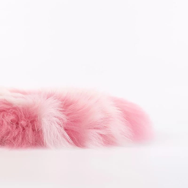 round pink and white wool sheepskin fur pillow