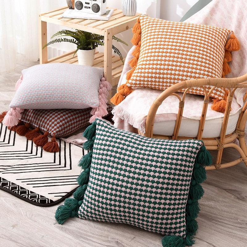 Boho Style Tassel Edges Solid Knit Tear and Wrinkle Resistant Pillow Cover