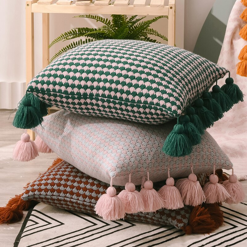 Boho Style Tassel Edges Solid Knit Tear and Wrinkle Resistant Pillow Cover