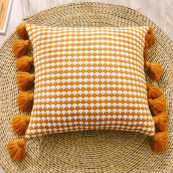 Boho Style Tassel Edges Solid Knit Tear and Wrinkle Resistant Pillow Cover Yellow