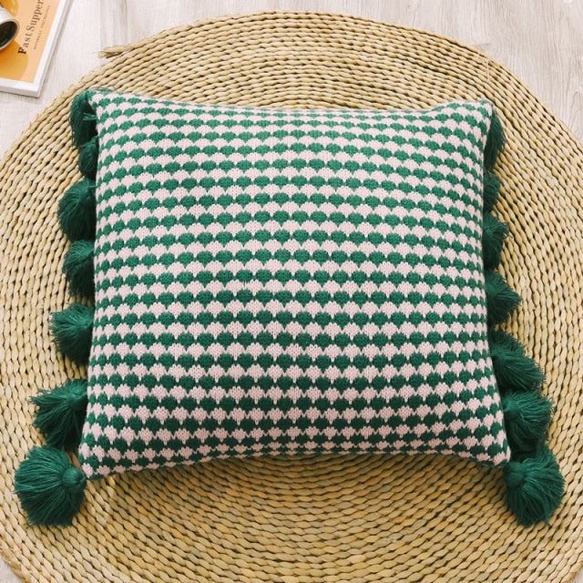 Boho Style Tassel Edges Solid Knit Tear and Wrinkle Resistant Pillow Cover Green