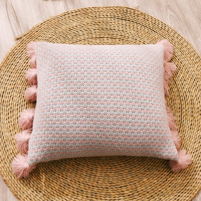 Boho Style Tassel Edges Solid Knit Tear and Wrinkle Resistant Pillow Cover Pink