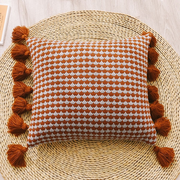 Boho Style Tassel Edges Solid Knit Tear and Wrinkle Resistant Pillow Cover Brown