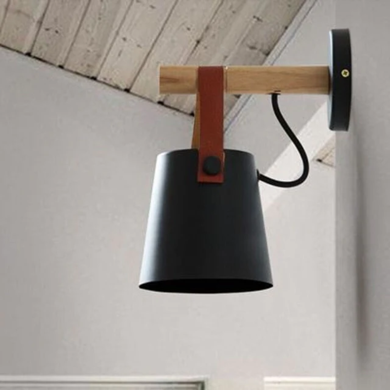 Modern wall Lamp metal and leather wood details minimalist