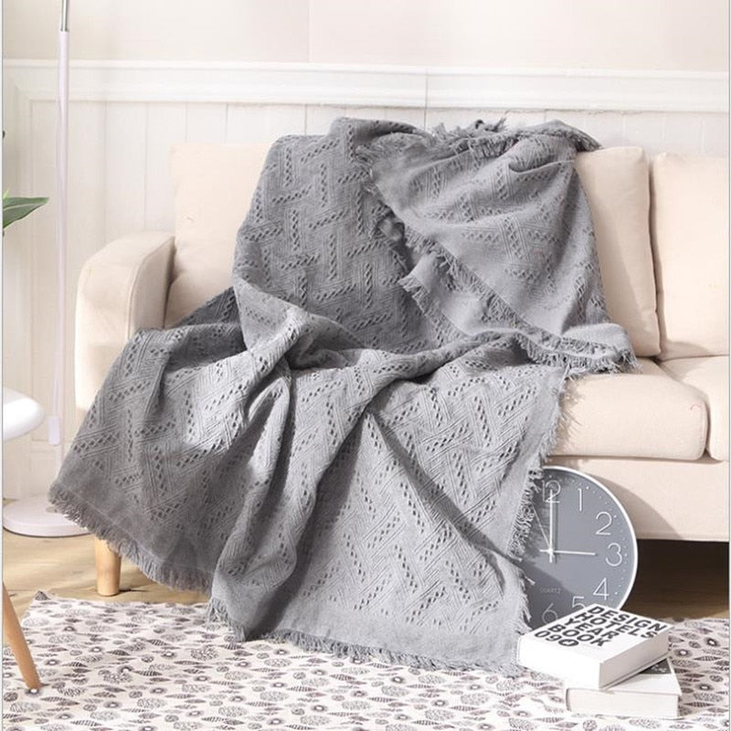 rectangle embroidered cotton weaved dark grey summer blanket