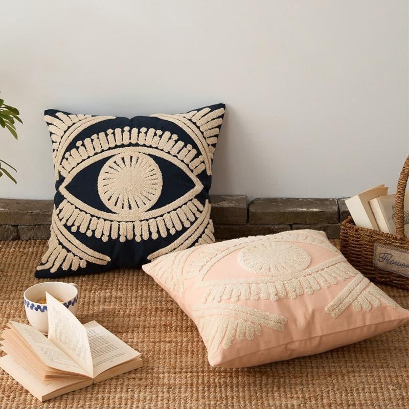 square embroidered egyptian eye beige dark blue pillow cover