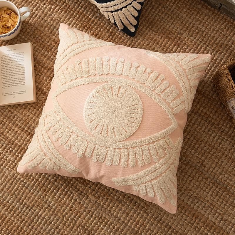 square embroidered egyptian eye beige pink pillow cover