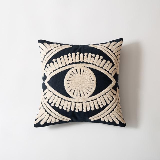 square embroidered egyptian eye beige dark blue pillow cover