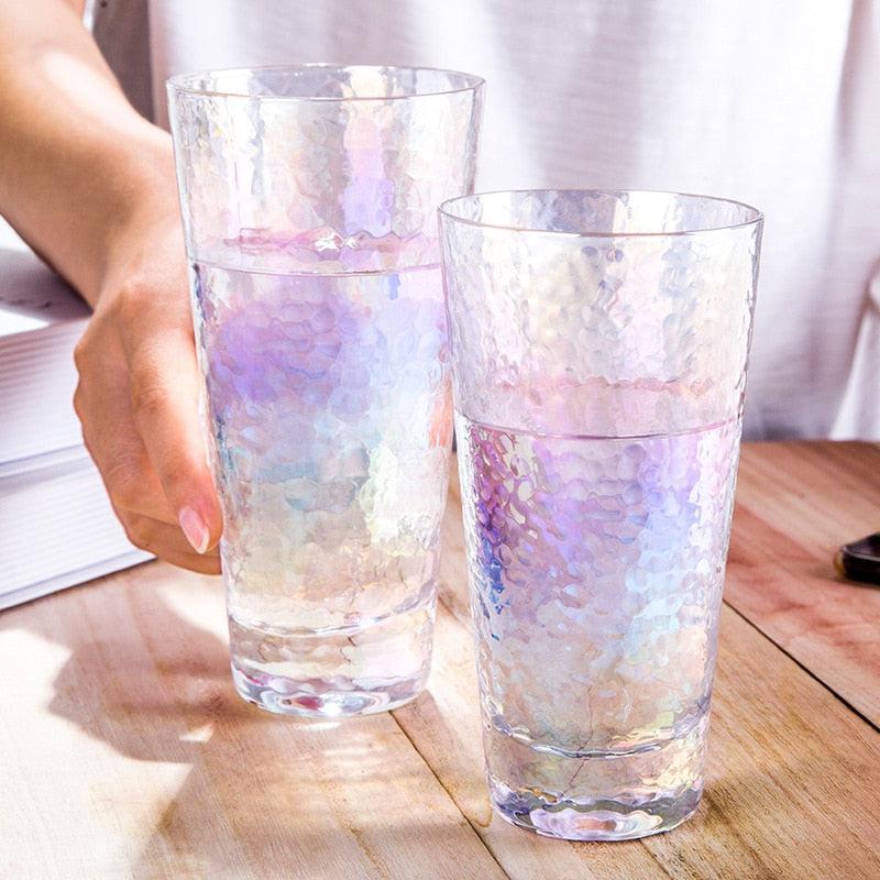 elongated hammered pattern rainbow colored glass cup