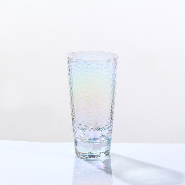 elongated hammered pattern rainbow colored glass cup