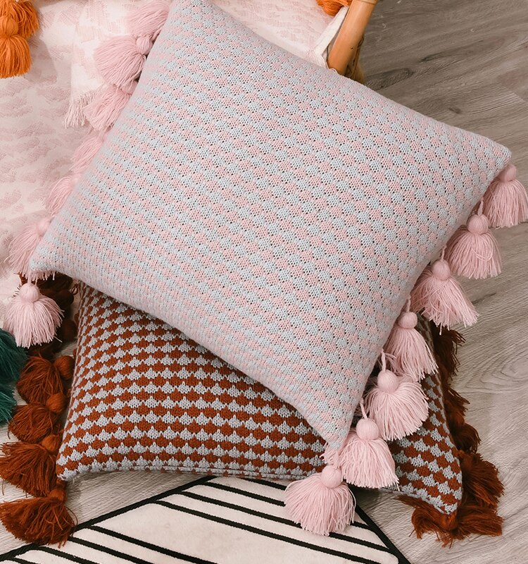 Boho Style Tassel Edges Solid Knit Tear and Wrinkle Resistant Pillow Cover