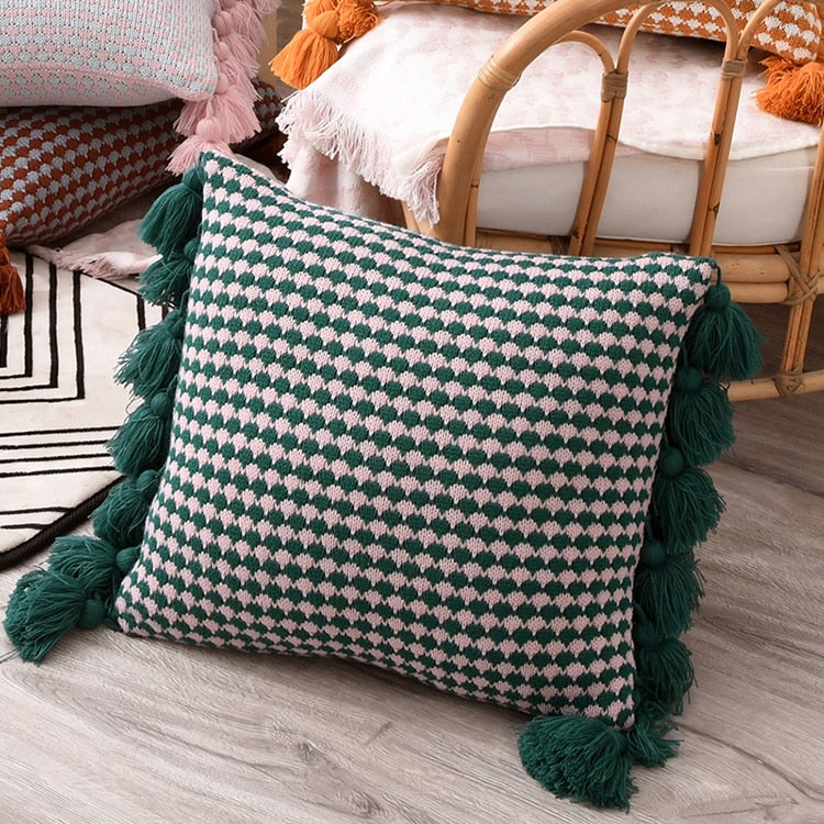 Boho Style Tassel Edges Solid Knit Tear and Wrinkle Resistant Pillow Cover Green