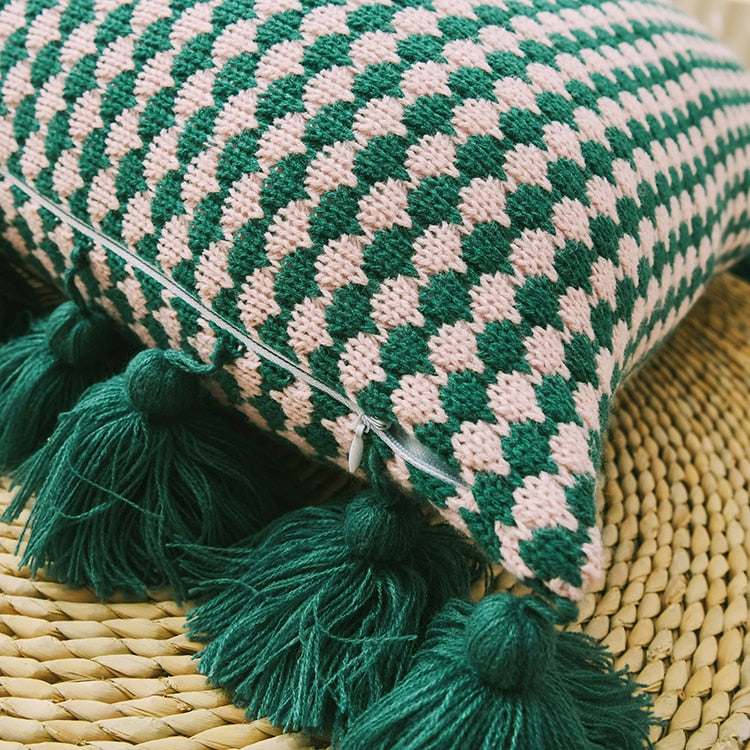 Boho Style Tassel Edges Solid Knit Tear and Wrinkle Resistant Pillow Cover Green