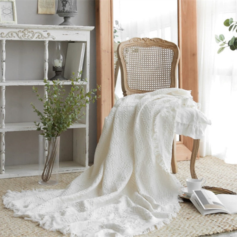 rectangle embroidered cotton weaved white summer blanket