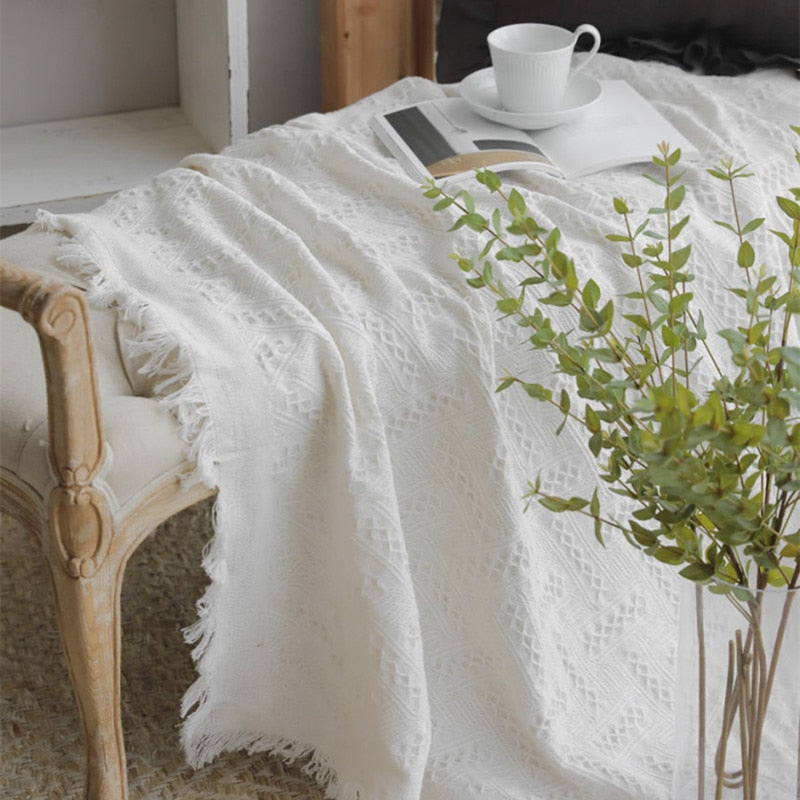 rectangle embroidered cotton weaved white summer blanket