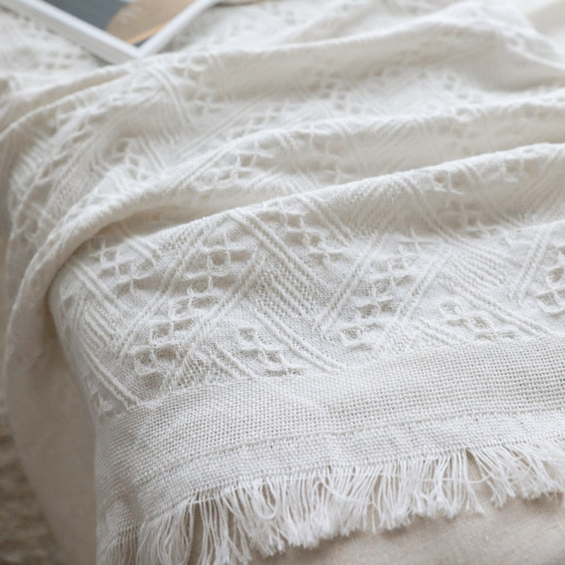 rectangle embroidered cotton weaved white summer blanket