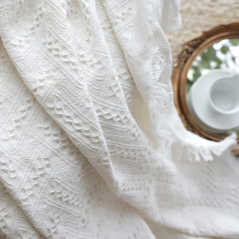 rectangle embroidered cotton weaved white summer blanket