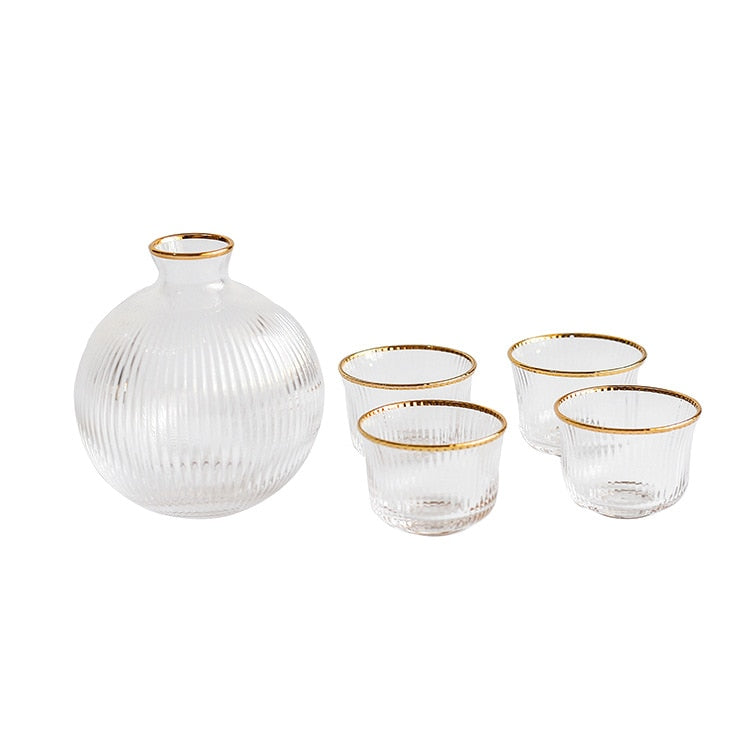 round textured vertical stripe with gold mouth trimming sake pot and cups