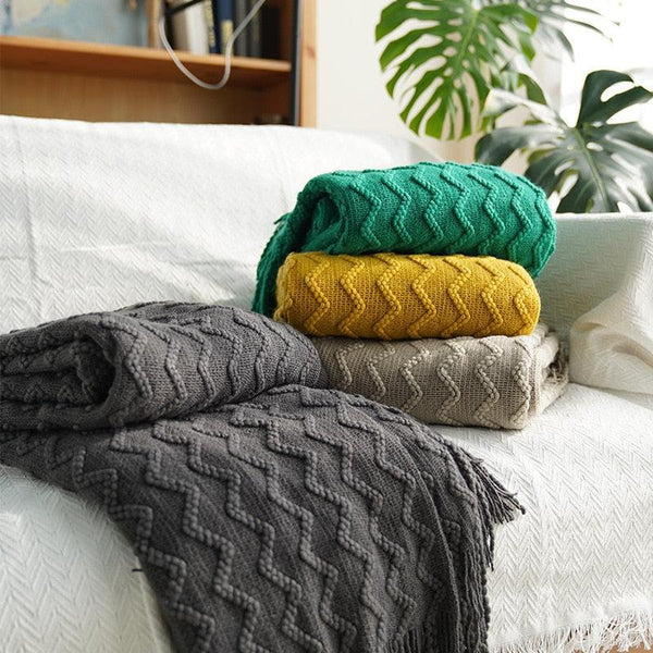 rectangle plaid knitted geometric line patterns blanket with tasselrectangle plaid knitted geometric line patterns blanket with tassel