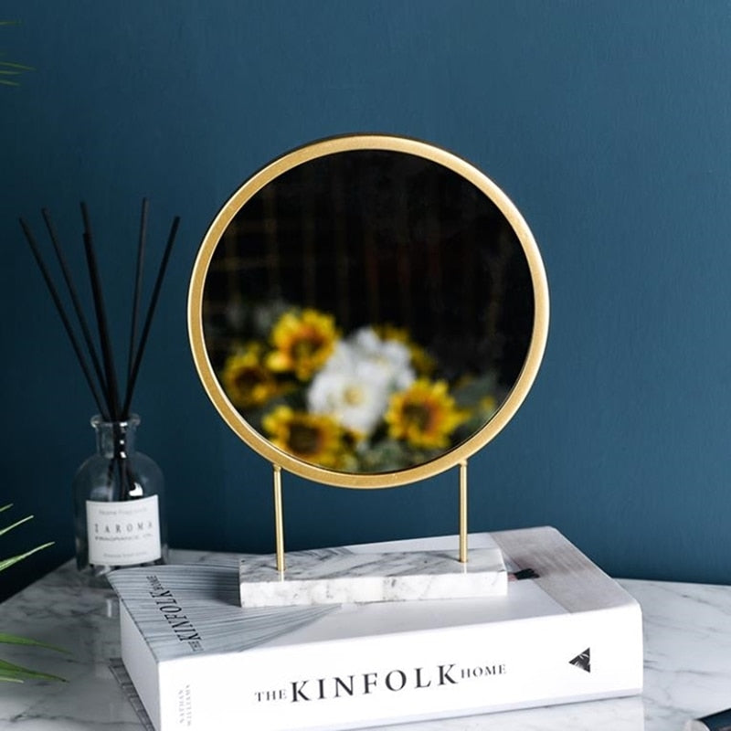 Home Decoration Marble Round Mirror with Iron Stand