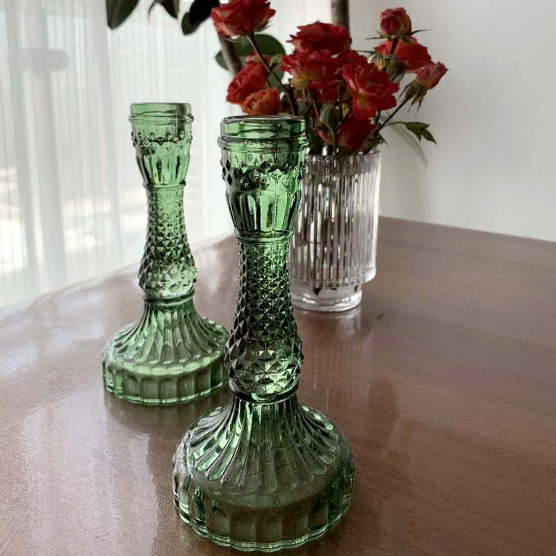 vintage embossed texture glass green candle holder