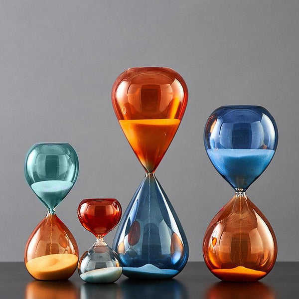 colored glass 15 minutes 30 minutes 60 minutes 5 minutes sand filled hourglass clock