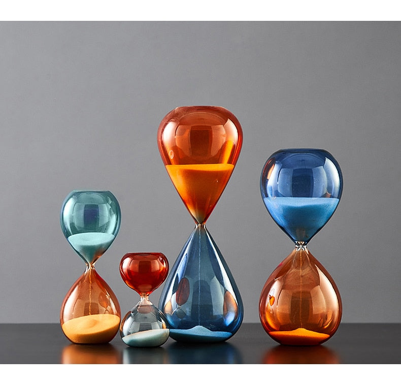 colored glass 15 minutes 30 minutes 60 minutes 5 minutes sand filled hourglass clock